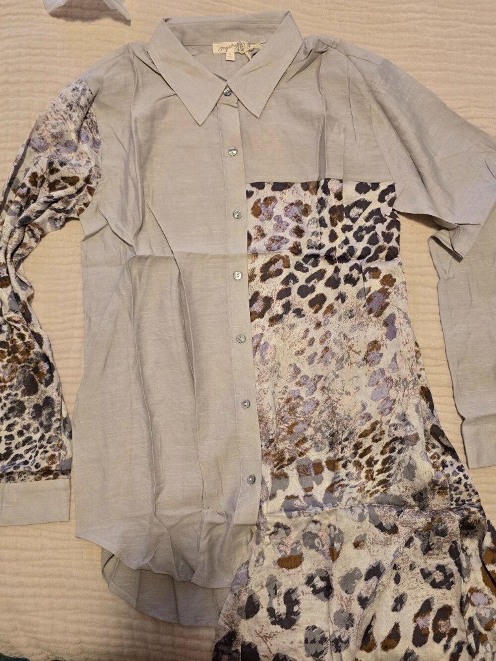 Mystree Leopard Patchwork Contrast Sleeve Button-Down Top - NWT Gray Taupe